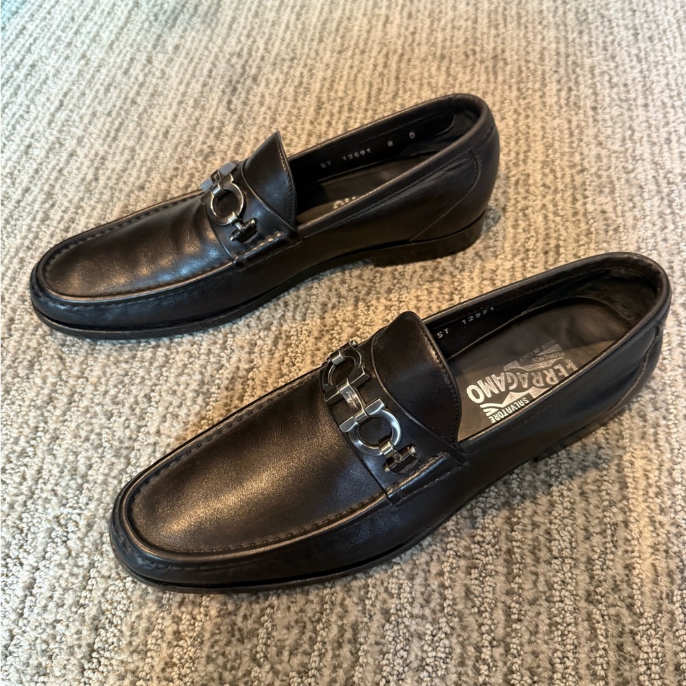 Salvatore Ferragamo Black Leather Loafers with Horsebit Detail